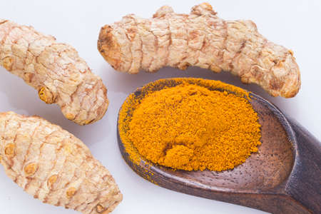 Turmeric powder and rootsの写真素材
