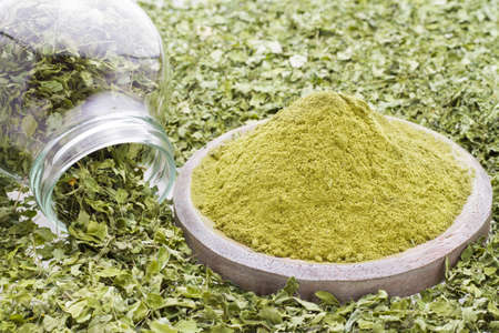 leaves and moringa powder, super food and natural medicine, Moringa oleifera.の写真素材