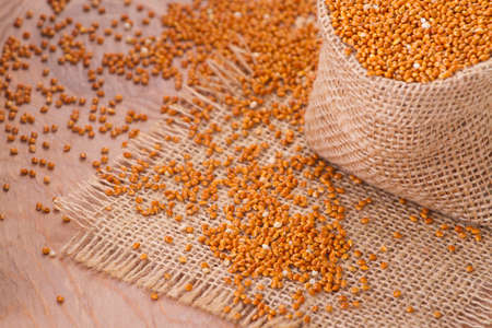 red millet seeds on wooden background, super foodの写真素材