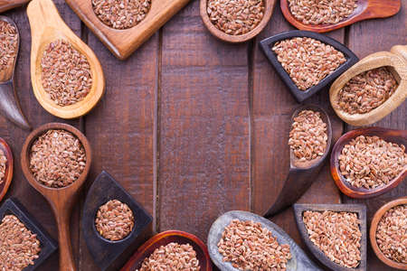 Linseed grains on the table- Linum usitatissimumの写真素材