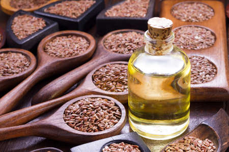 Linseed grains on the table- Linum usitatissimumの写真素材