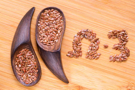 Linseed grains on the table- Linum usitatissimumの写真素材