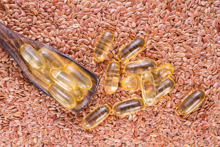 Linseed grains on the table- Linum usitatissimumの写真素材