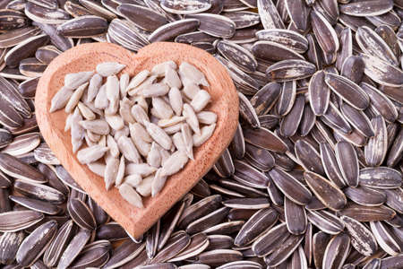 sunflower seeds on the wooden table (Helianthus annuus)の写真素材