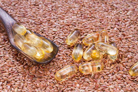 Linseed grains on the table- Linum usitatissimumの写真素材