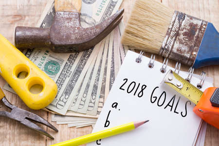 Tools and notebook to make a budget of remodeling or DIY at homeの写真素材