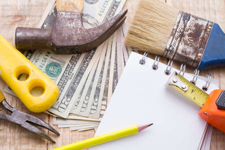 Tools and notebook to make a budget of remodeling or DIY at homeの写真素材