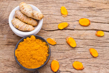 turmeric in bowl on table, top viewの写真素材