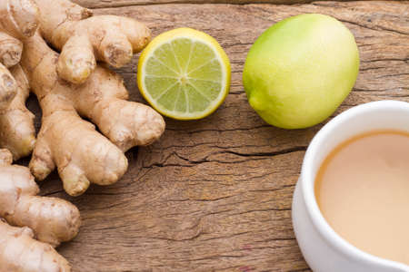 ginger and lemon on the table seen from aboveの写真素材