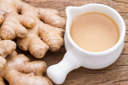 ginger roots on the table, top viewの写真素材