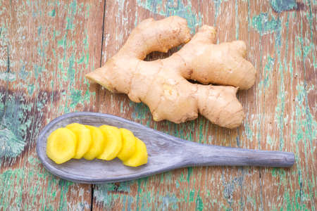 ginger roots on the table, top viewの写真素材