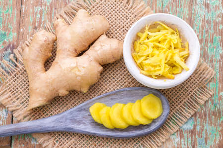 ginger roots on the table, top viewの写真素材