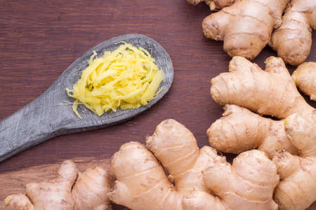ginger roots on the table, top viewの写真素材