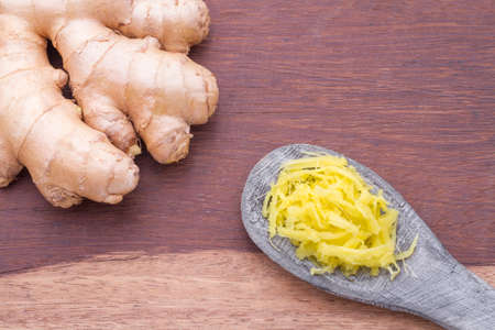 ginger roots on the table, top viewの写真素材