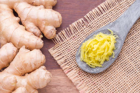ginger roots on the table, top viewの写真素材