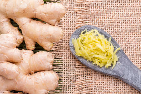 ginger roots on the table, top viewの写真素材