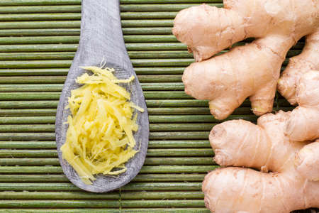 ginger roots on the table, top viewの写真素材