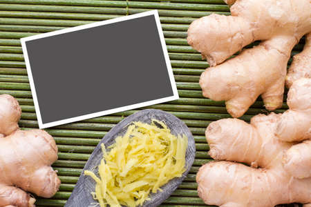 ginger roots on the table, top viewの写真素材