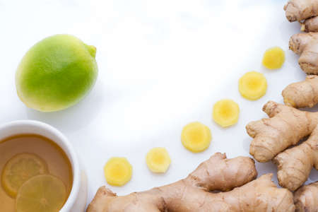 ginger and lemon on the table seen from aboveの写真素材