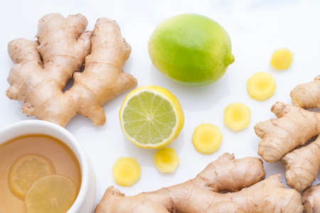 ginger and lemon on the table seen from aboveの写真素材