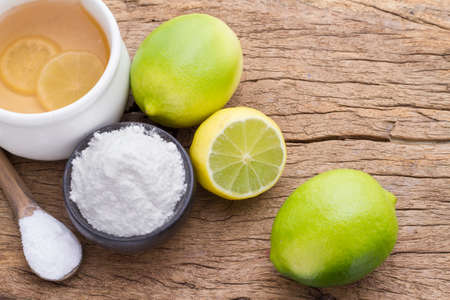 baking and lemon on the wooden tableの写真素材