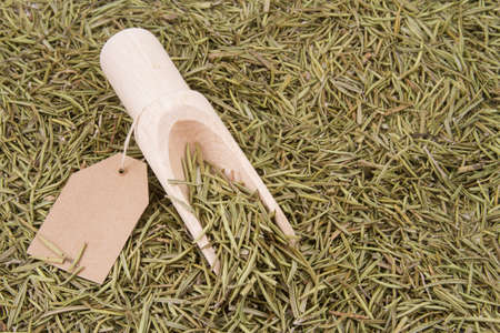 Dehydrated rosemary on wooden spoon.の写真素材