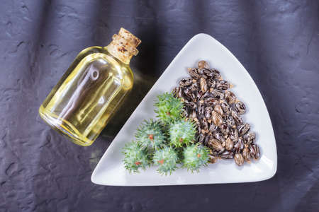beans and castor oil on the black tableの写真素材