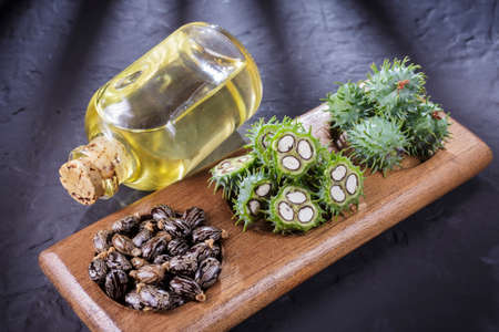 beans and castor oil on the black tableの写真素材