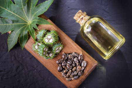 beans and castor oil on the black table