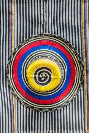Traditional Colombian hat with the colors of the national flag, top viewの写真素材