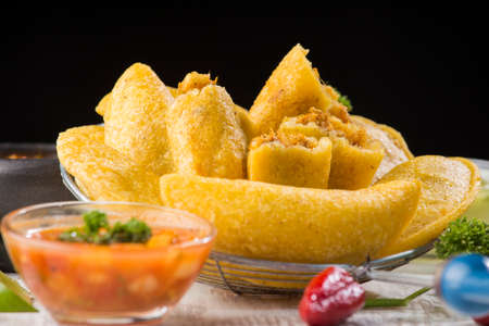 Empanadas with hot sauce, traditional Colombian foodの写真素材