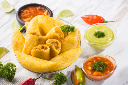 Empanadas with hot sauce, traditional Colombian foodの写真素材