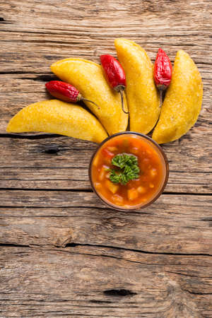 Empanadas with hot sauce, traditional Colombian foodの写真素材