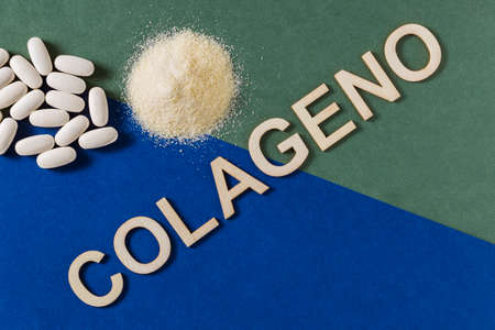 Hydrolyzed and co-compressed collagen on blue background, top viewの写真素材