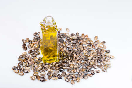 castor oil and grains in bowl isolated on white background image close-upの写真素材