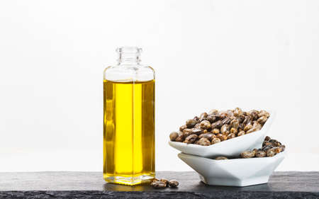 castor oil and seeds isolated on white background, close-up imageの写真素材