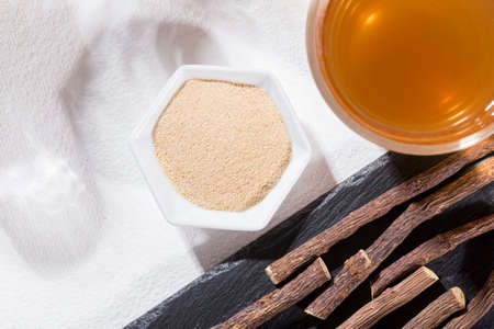 Licorice roots and tea, licorice, paloduz, palo duz, palodÃº, palodul, licorice - Glycyrrhiza glabraの写真素材