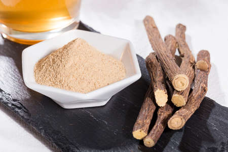 Licorice roots and tea, licorice, paloduz, palo duz, palodÃº, palodul, licorice - Glycyrrhiza glabraの写真素材