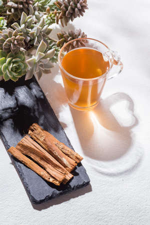 Bark and tea of cat's claw plant on white background - Uncaria tomentosaの写真素材