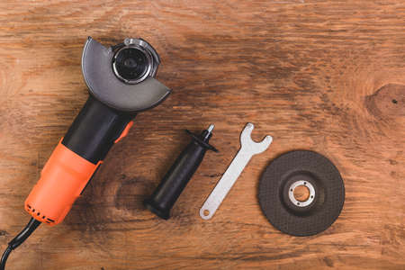Angle grinder on work table, close-up imageの写真素材