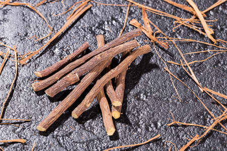 licorice stalks, medicinal plant on black backgroundの写真素材