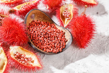 Annatto seeds, Onoto, Annatto, Bixa orellana, natural red pigmentの写真素材