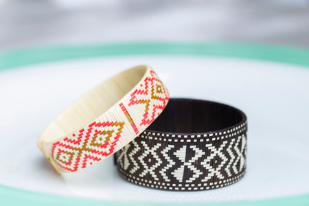 Arrow cane bracelets, handcrafted fabrics from Colombia, close-upの写真素材