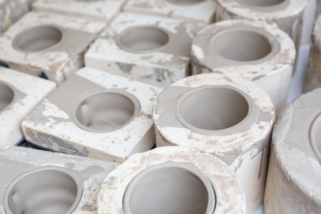 ceramic pieces in plaster molds, craft processの写真素材