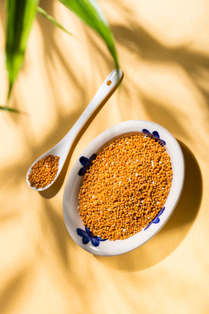 healthy grains of red millet served in a plate on yellow backgroundの写真素材