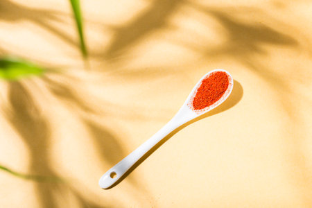 Tasty Spice: Paprika Powder in Ceramic Plate with Yellow Background and Natural Shadesの写真素材