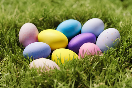 Colorful easter eggs on green grass. Happy easter!