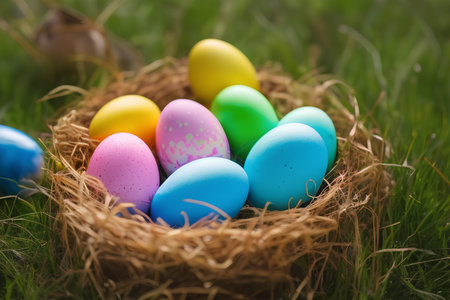 Colorful easter eggs in a nest on green grass background.の写真素材