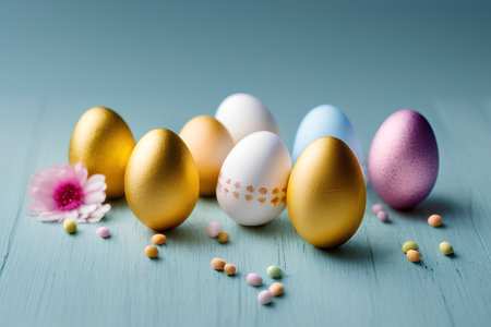 Colorful Easter eggs on blue wooden background. Happy Easter concept.の写真素材