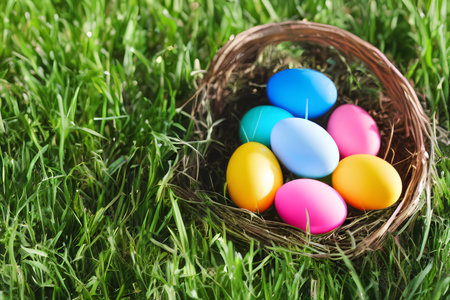 Colorful easter eggs in basket on green grass, closeupの写真素材